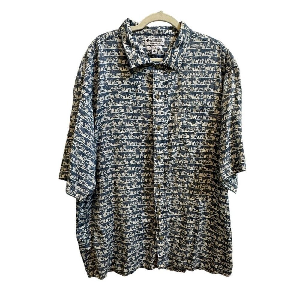 Columbia Tropical Shirt Button Down Tiki Hut Print Short Sleeve Mens XL‎ Blue